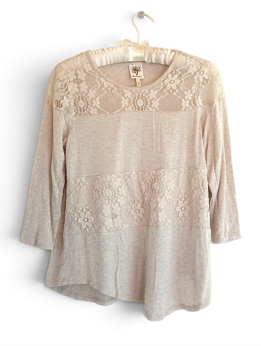 Self Esteem Cream Lace Panel Top Soft Knit 3/4 Sleeves Beige Boho Neutral Femme